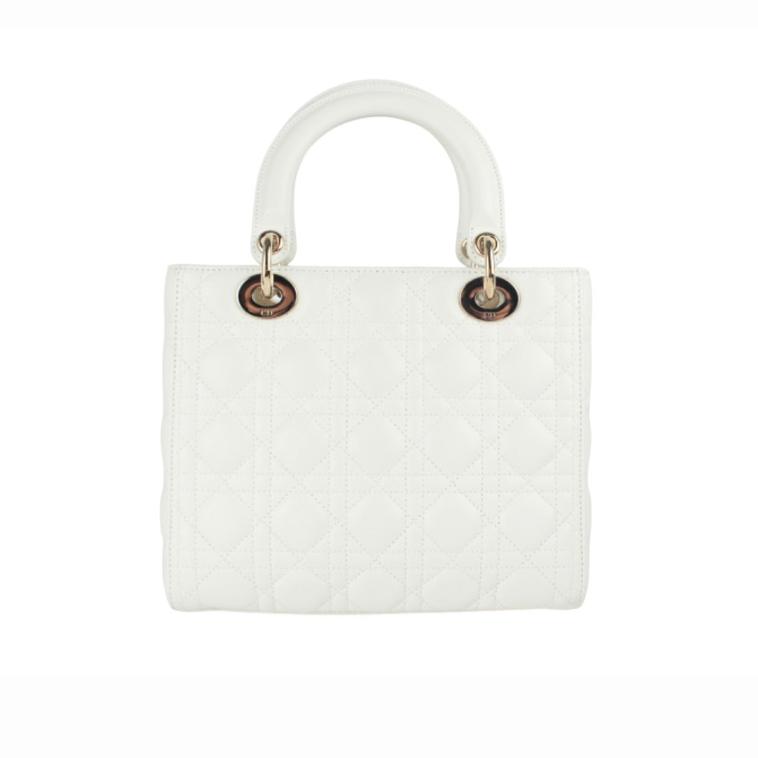 CHRISTIAN DIOR MEDIUM LADY DIOR WHITE QUILTED CANNAG BAG