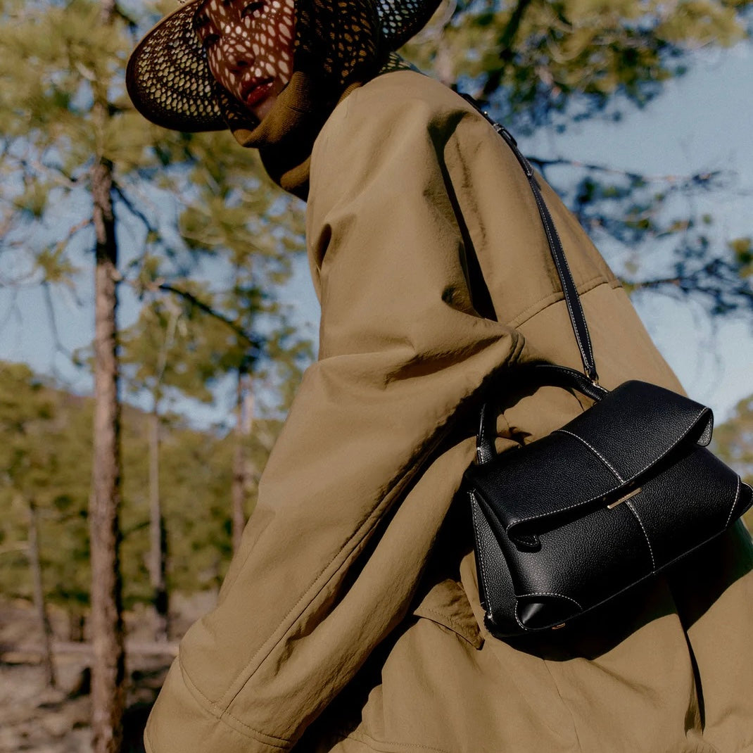 POLENE MOKKI MINI EDITION TEXTURED BLACK WITH ECRU STITCHING