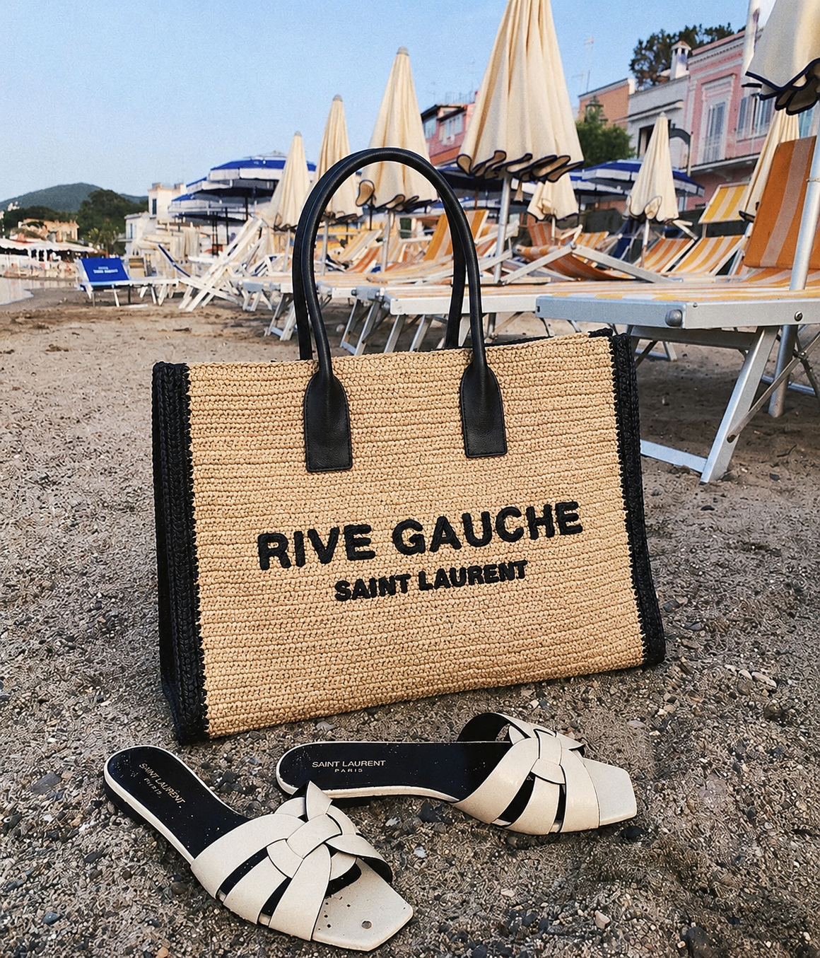 YVES SAINT LAURENT YSL RIVE GAUCHE RAFFIA TOTE BAG