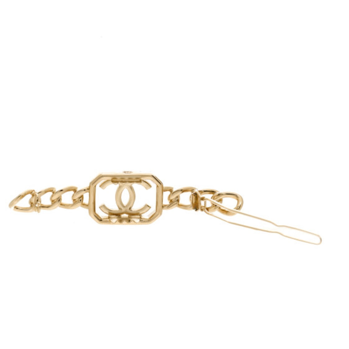 CHANEL CRYSTAL CHAIN CC VENDOME HAIR CLIP BARRETTE GOLD