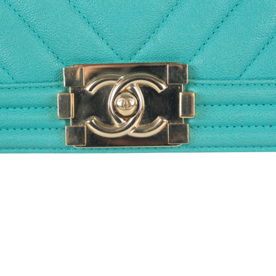 CHANEL AQUA GREEN CHEVRON CAVIAR SMALL BOY FLAP BAG