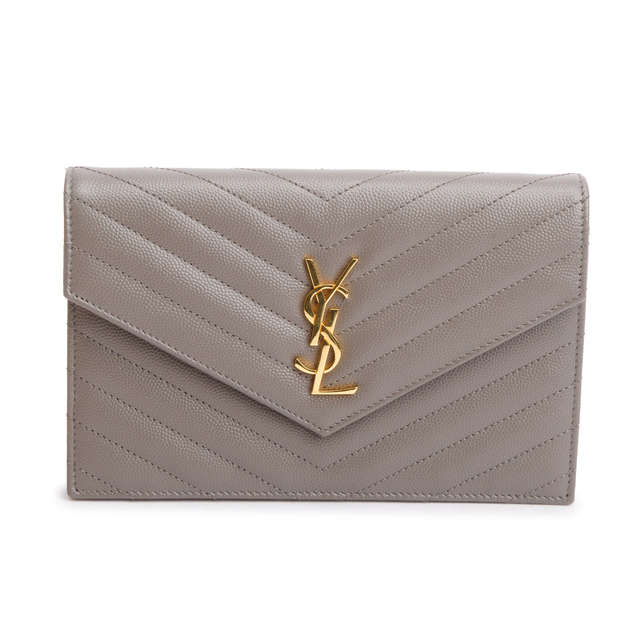 YSL YVES SAINT LAUREN GREY GRAIN DE POUDRE LEATHER CASSANDRE ENVELOPE WALLET ON CHAIN