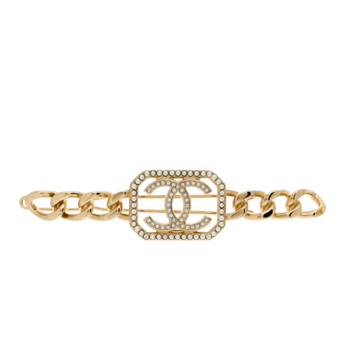 CHANEL CRYSTAL CHAIN CC VENDOME HAIR CLIP BARRETTE GOLD