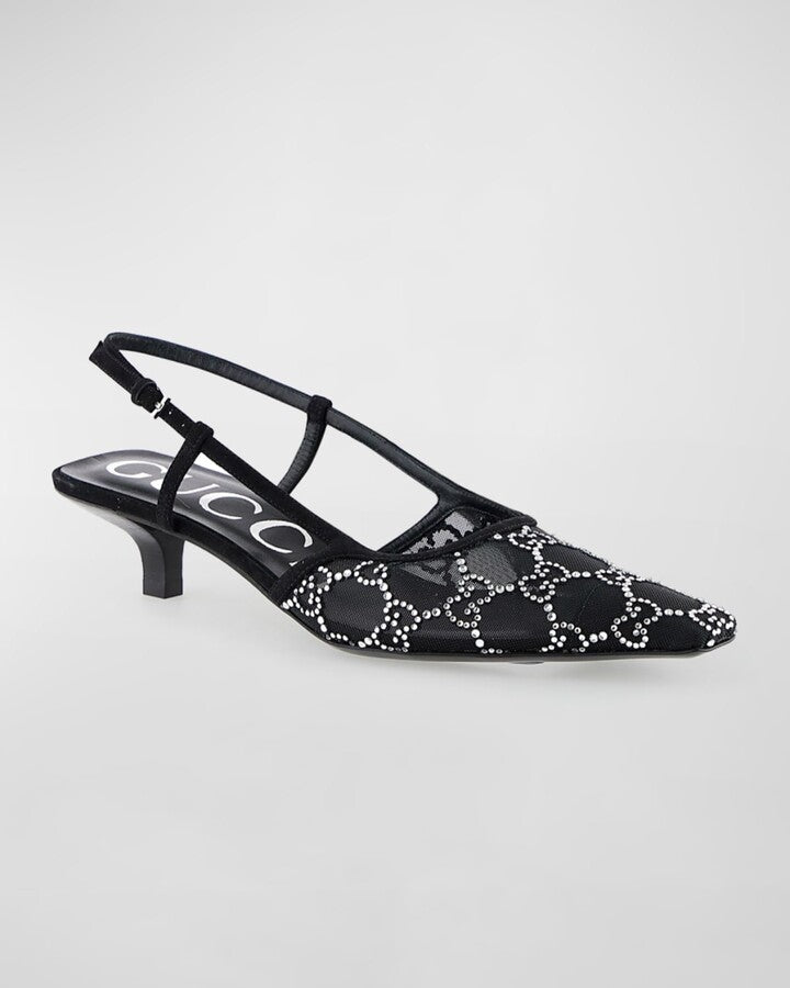 GUCCI GG INTERLOCKING MESH CRYSTAL KITTEN HEELS
