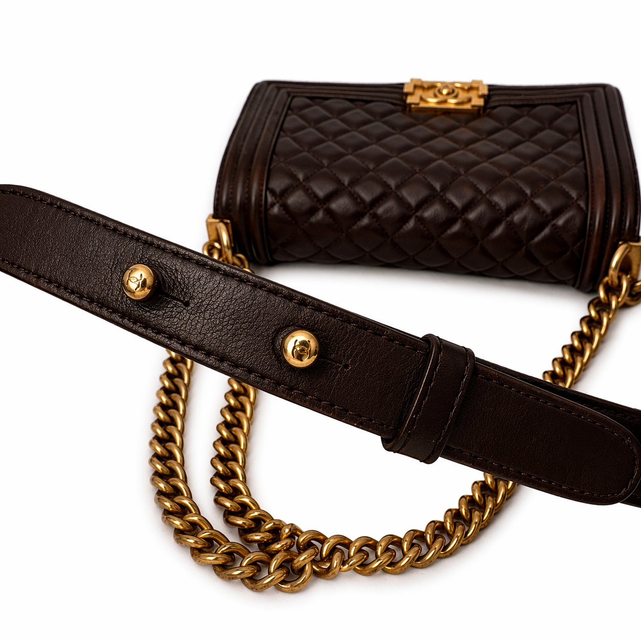 CHANEL CC DARK BROWN QUILTED CALFSKIN MEDIUM BOY BAG
