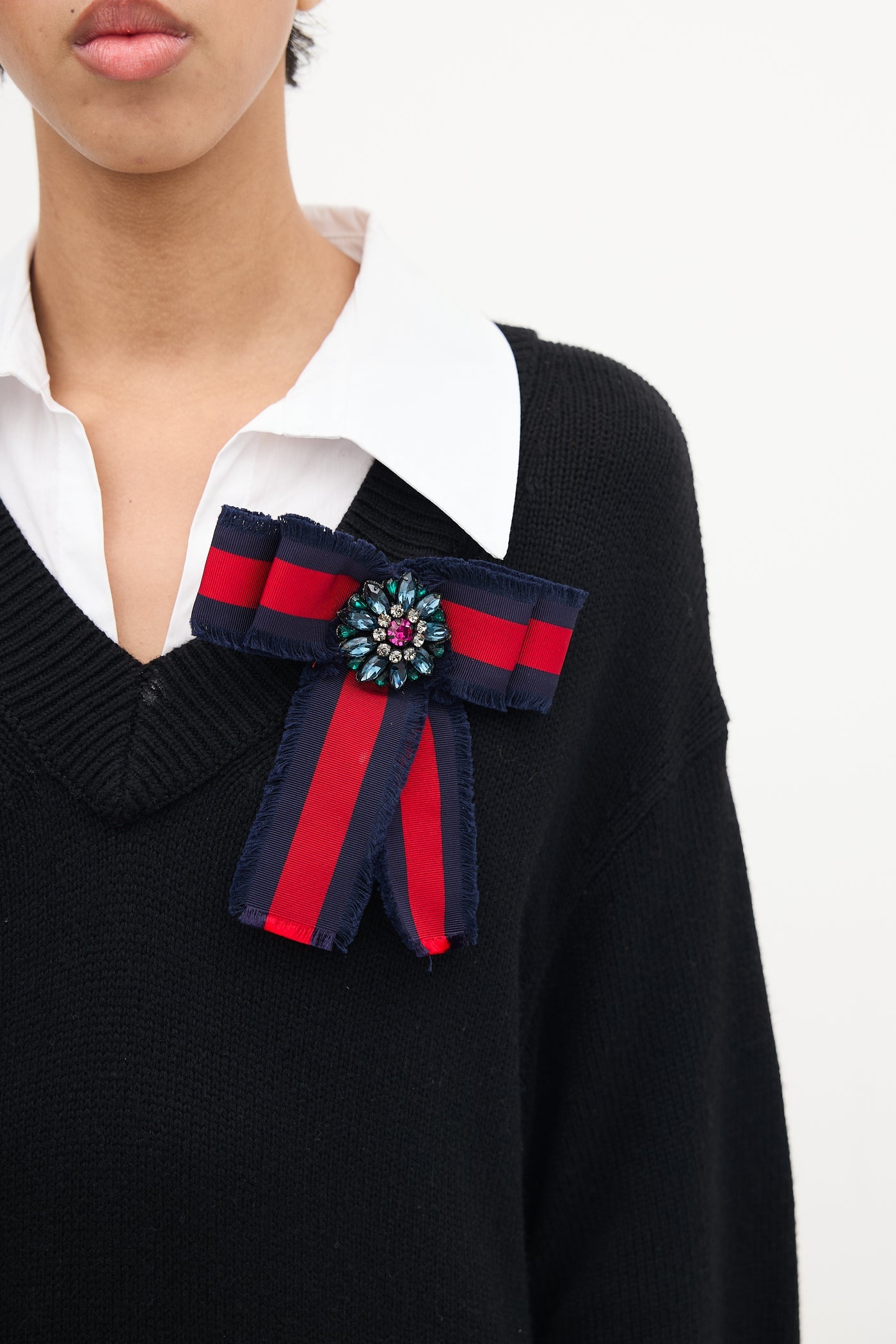 GUCCI GG WEB GROSGRAIN RIBBON BOW PIN BROOCH