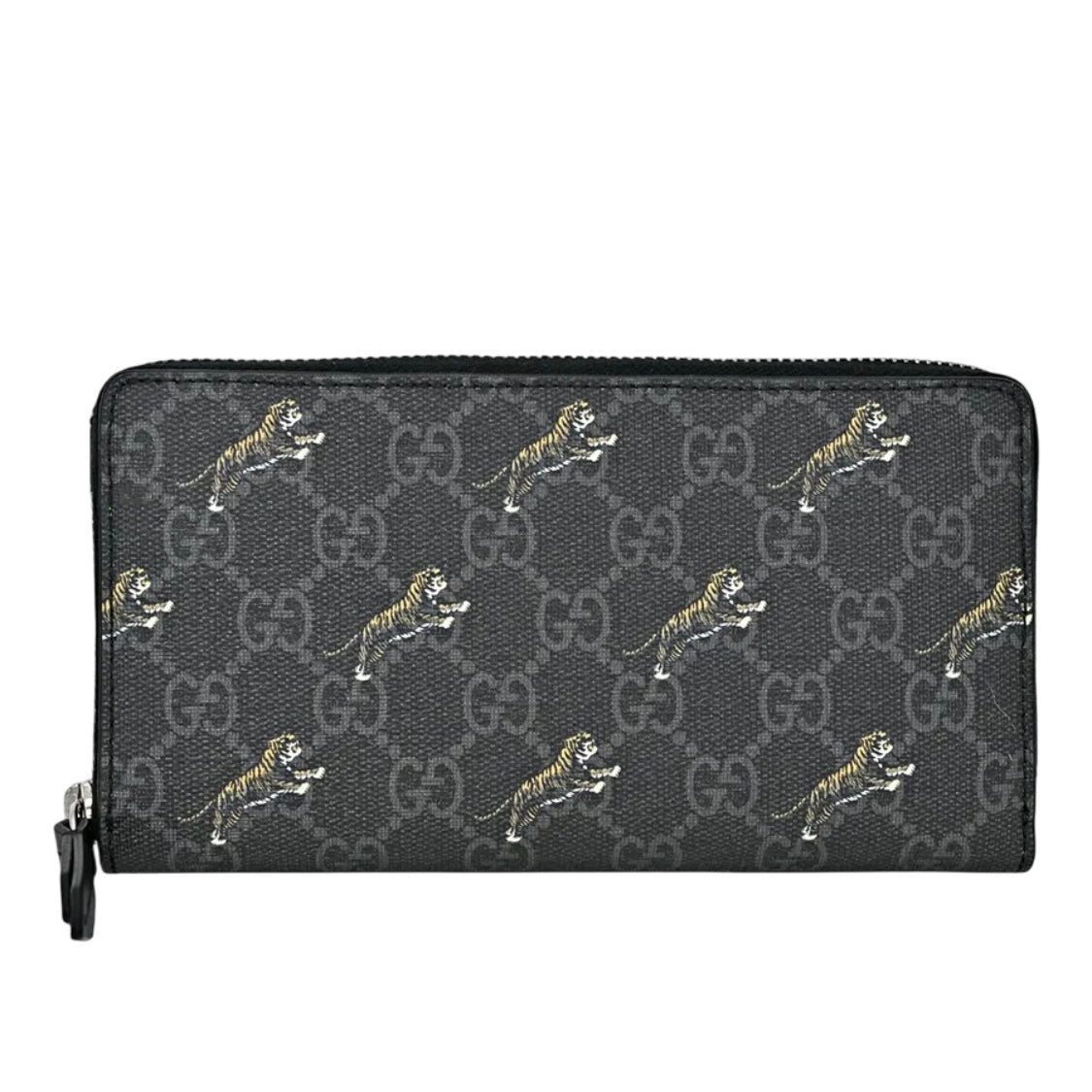 GUCCI LEAPING TIGER MONOGRAM CONTINENTAL ZIP AROUND WALLET