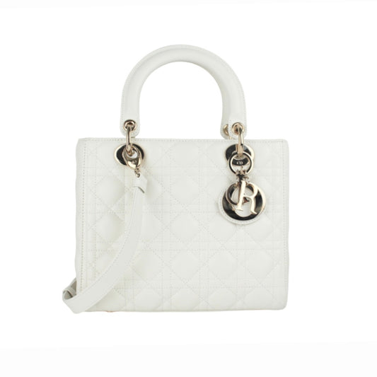 CHRISTIAN DIOR  MEDIUM LADY DIOR WHITE QUILTED CANNAG BAG