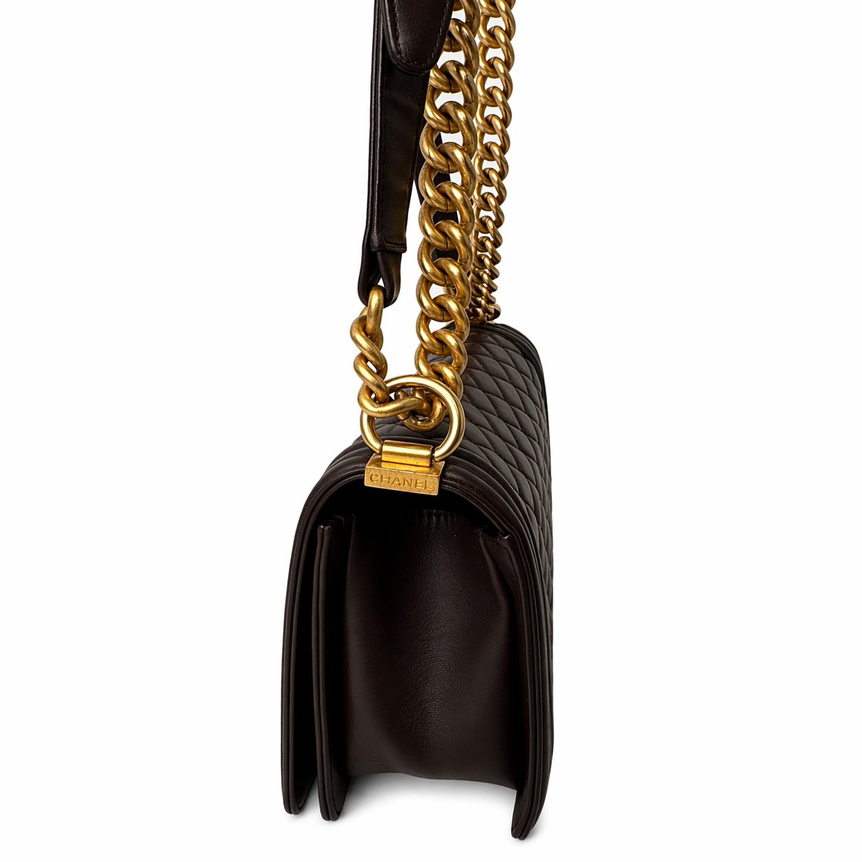 CHANEL CC DARK BROWN QUILTED CALFSKIN MEDIUM BOY BAG