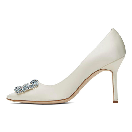 MANOLO BLAHNIK OFF-WHITE HANGISI BRIDAL SATIN HEELS