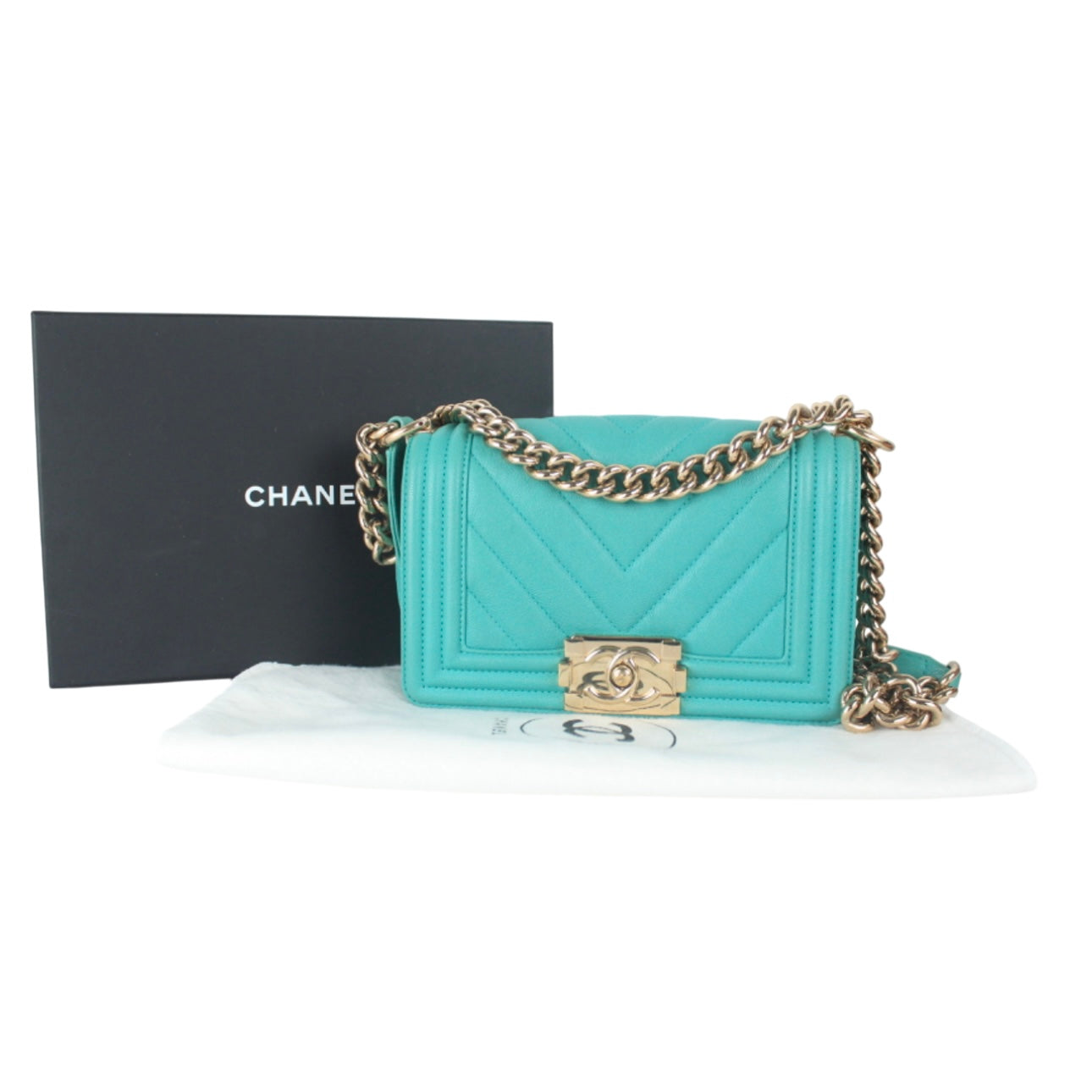 CHANEL AQUA GREEN CHEVRON CAVIAR SMALL BOY FLAP BAG
