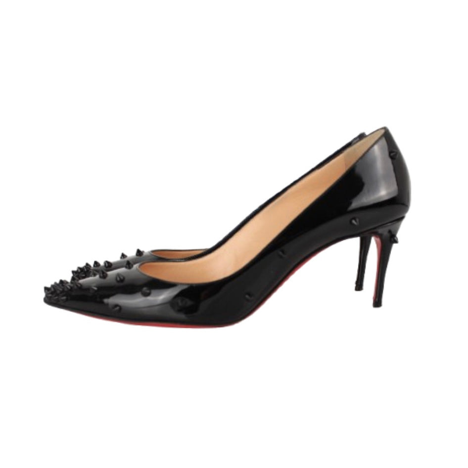 CHRISTIAN LOUBOUTIN BLACK PATENT LEATHER DIAMOND SPIKE PUMPS