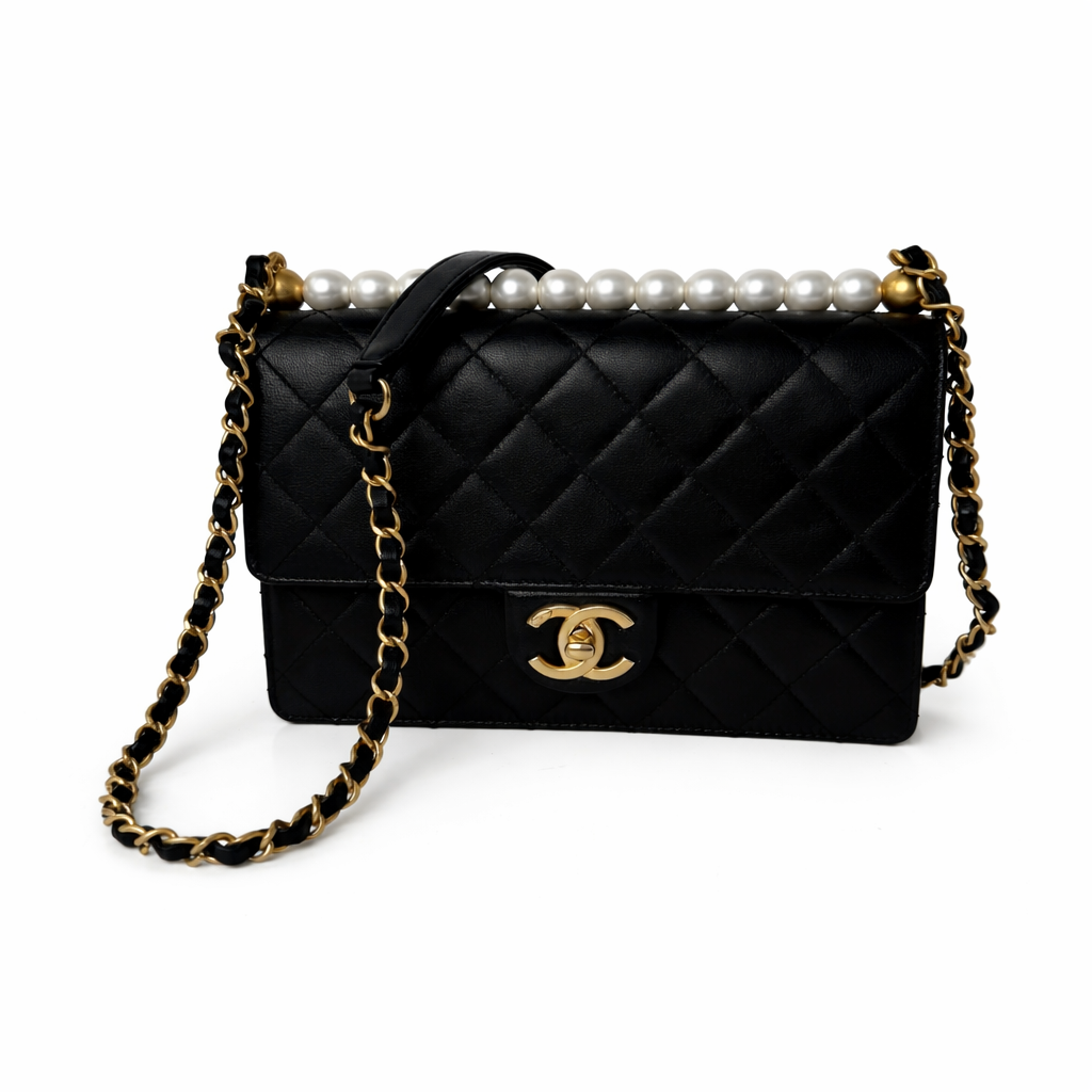 CHANEL CC BLACK SMALL CHIC PEARL FLAP