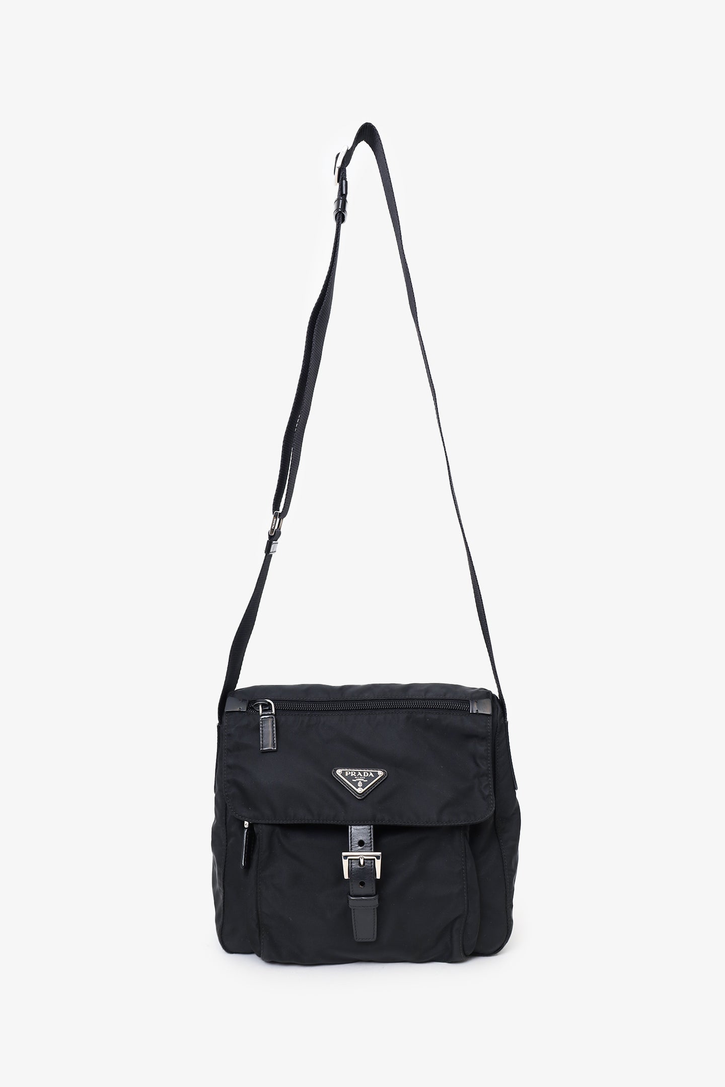 PRADA BLACK RE-NYLON VELA SAFFIANO POCKET SINGLE BUCKLE UNISEX MESSENGER BAG
