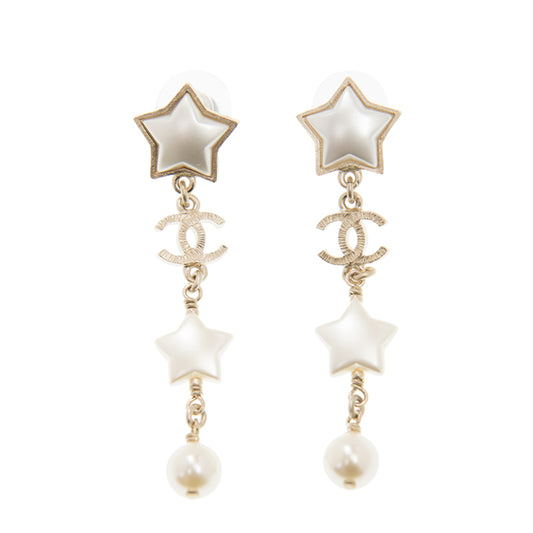 CHANEL METAL RESIN PEARL STAR CC DROP EARRING