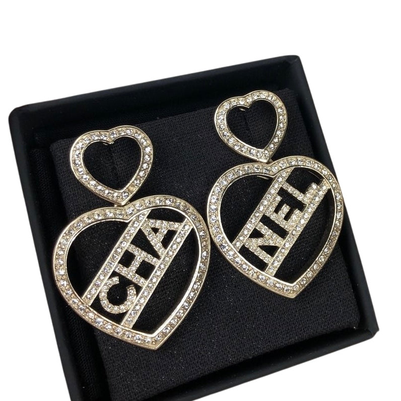 CHANEL CRYSTAL METAL CC HEART EARRINGS