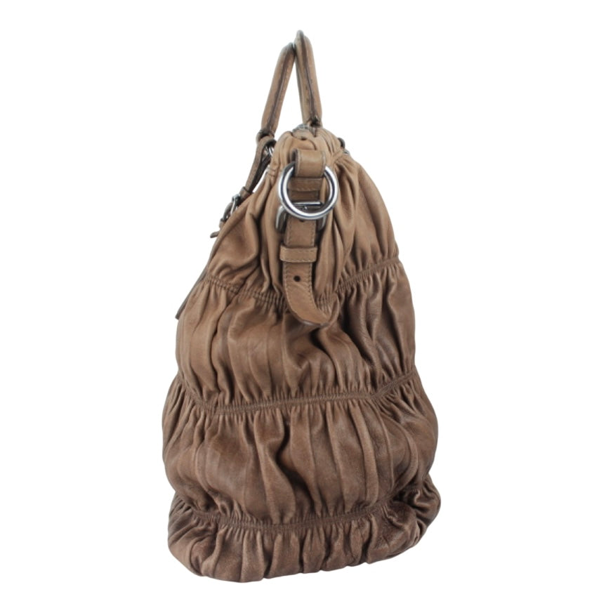 PRADA TWO TONE BROWN RUCHED HANDBAG