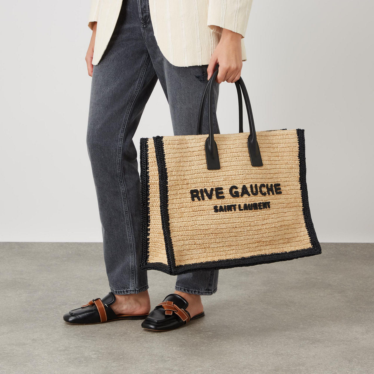 YVES SAINT LAURENT YSL RIVE GAUCHE RAFFIA TOTE BAG