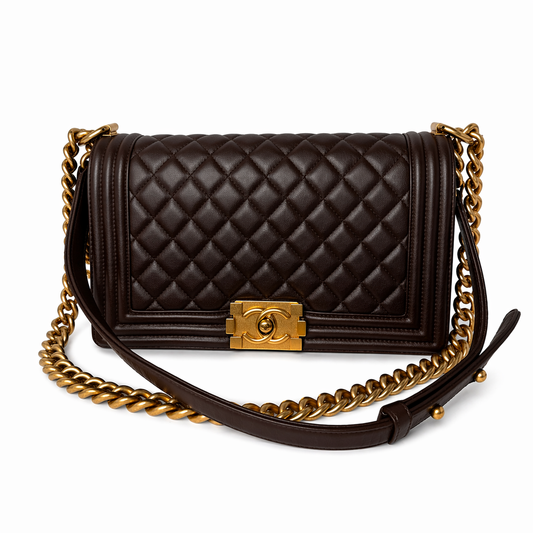 CHANEL CC DARK BROWN QUILTED CALFSKIN MEDIUM BOY BAG