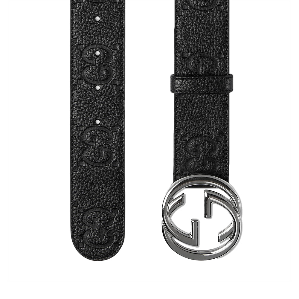 GUCCI GG INTERLOCKING UNISEX EMBOSSED LEATHER BELT