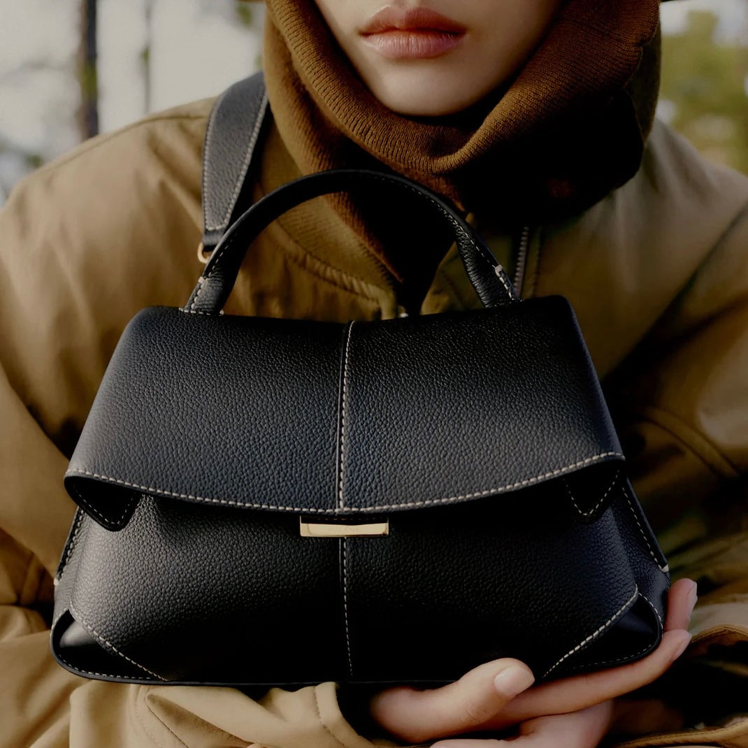 POLENE MOKKI MINI EDITION TEXTURED BLACK WITH ECRU STITCHING