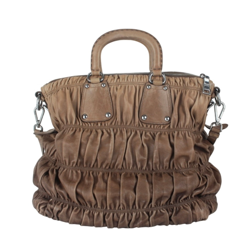 PRADA TWO TONE BROWN RUCHED HANDBAG