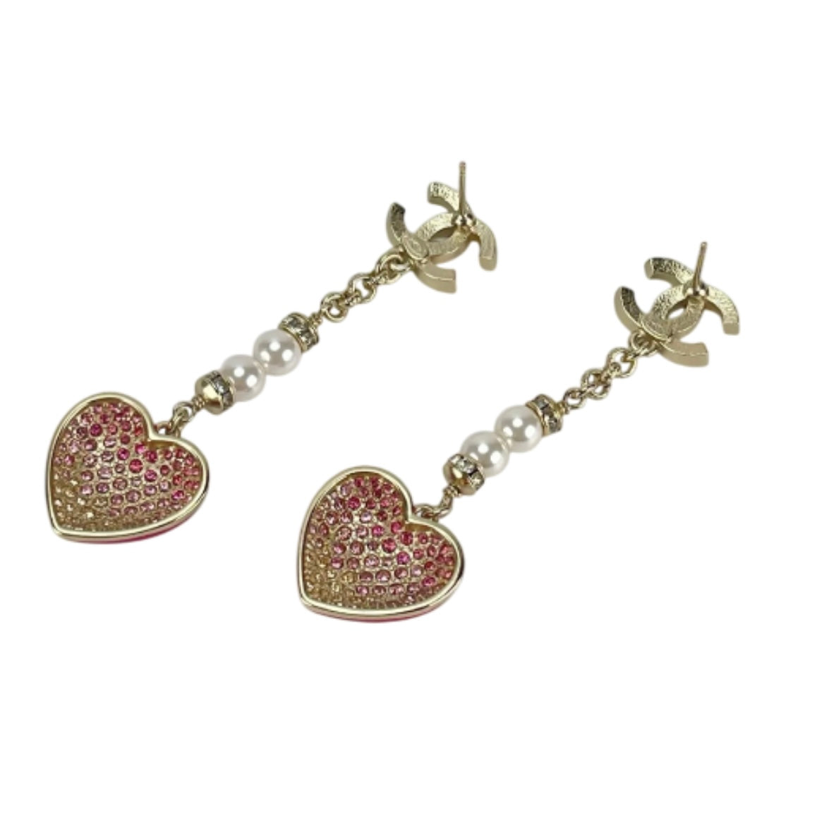 CHANEL RESIN CRYSTAL PEARL CHAIN HEART CC DROP EARRING