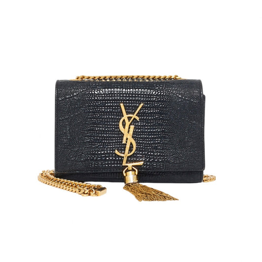 YVES SAINT LAURENT YSL BLACK CROC EMBOSSED KATE TASSLE  CROSSBODY BAG