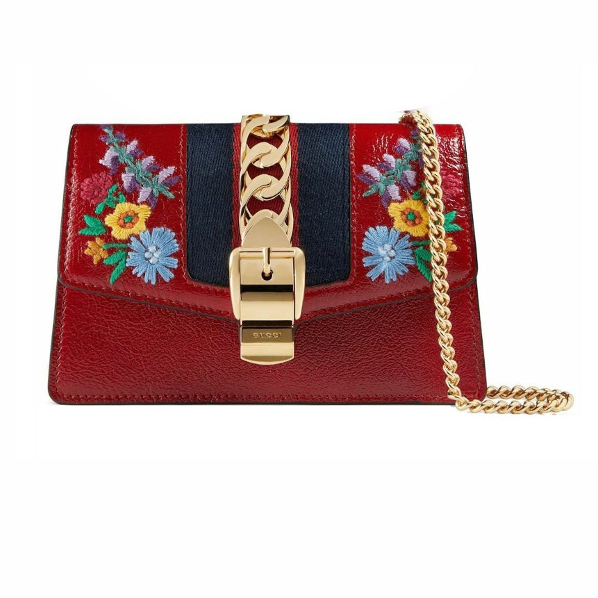 GUCCI SYLVIE EMBROIDERED WRINKLED PATENT LEATHER SUPER MINI BAG