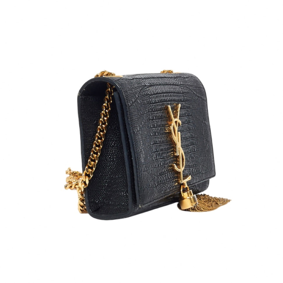 YVES SAINT LAURENT YSL BLACK CROC EMBOSSED KATE TASSLE  CROSSBODY BAG