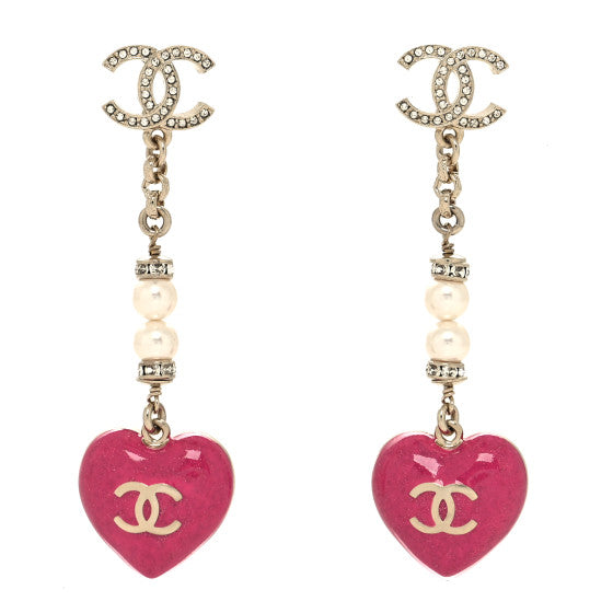 CHANEL RESIN CRYSTAL PEARL CHAIN HEART CC DROP EARRING