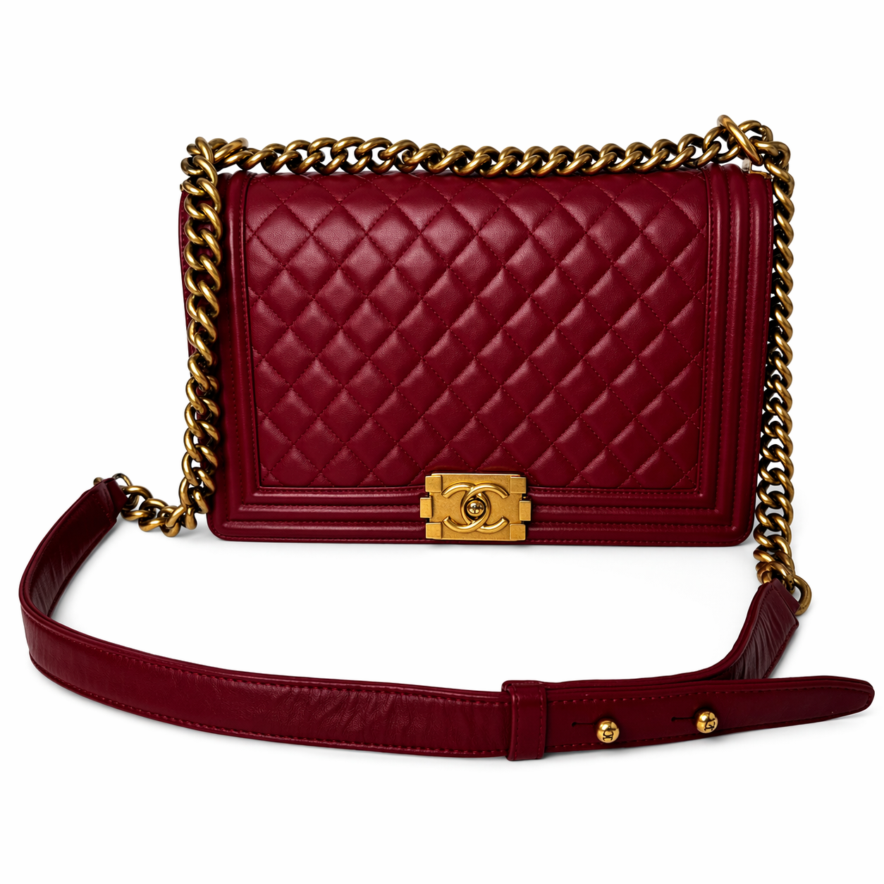 CHANEL CC DARK RED QUILTED CALFSKIN LARGE BOY BAG