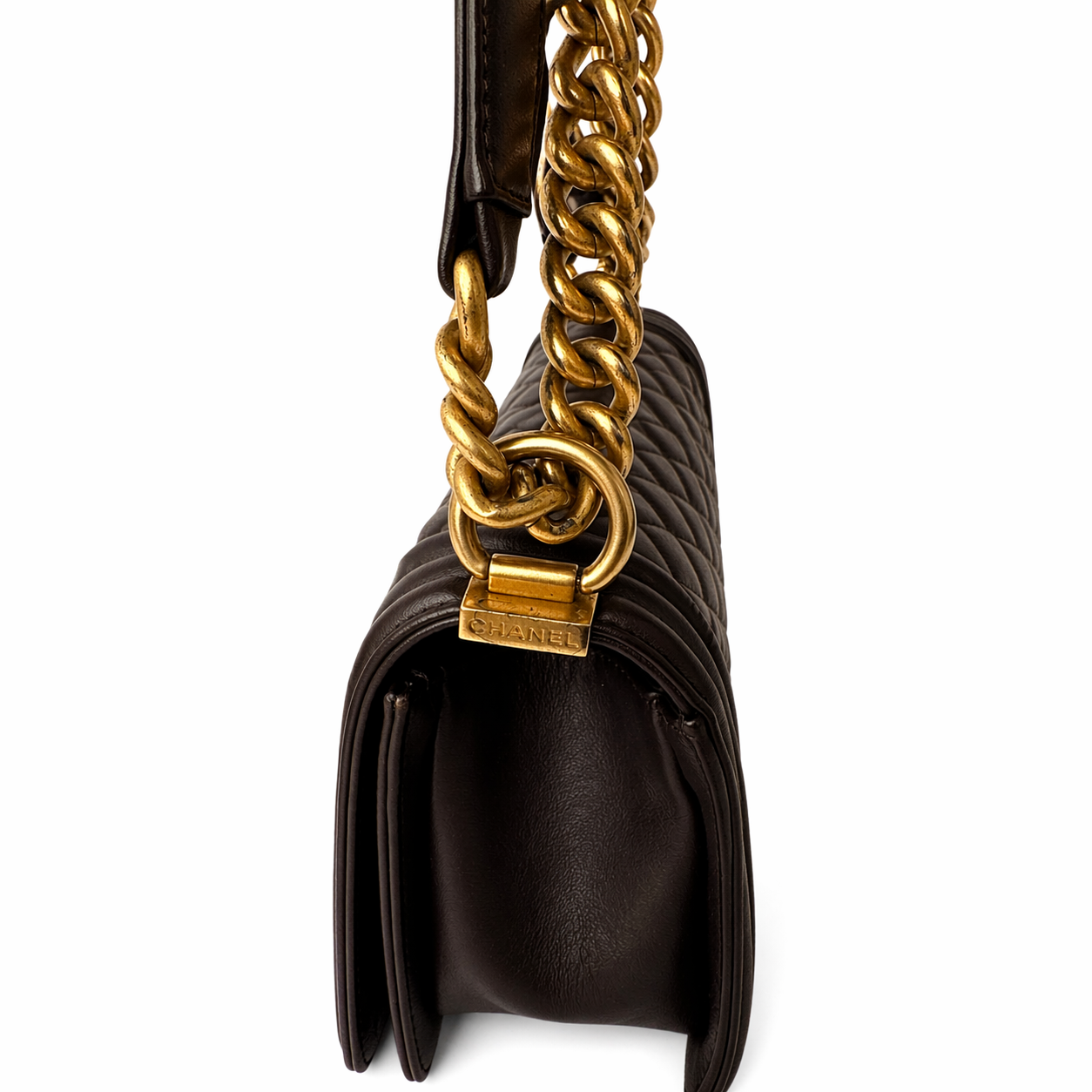 CHANEL CC DARK BROWN QUILTED CALFSKIN MEDIUM BOY BAG