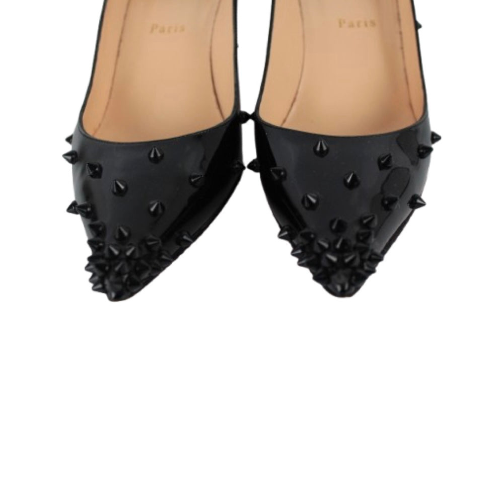 CHRISTIAN LOUBOUTIN BLACK PATENT LEATHER DIAMOND SPIKE PUMPS