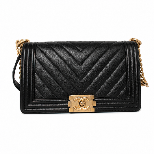 CHANEL CC MEDIUM OLD BOY CHEVRON FLAP CAVIAR