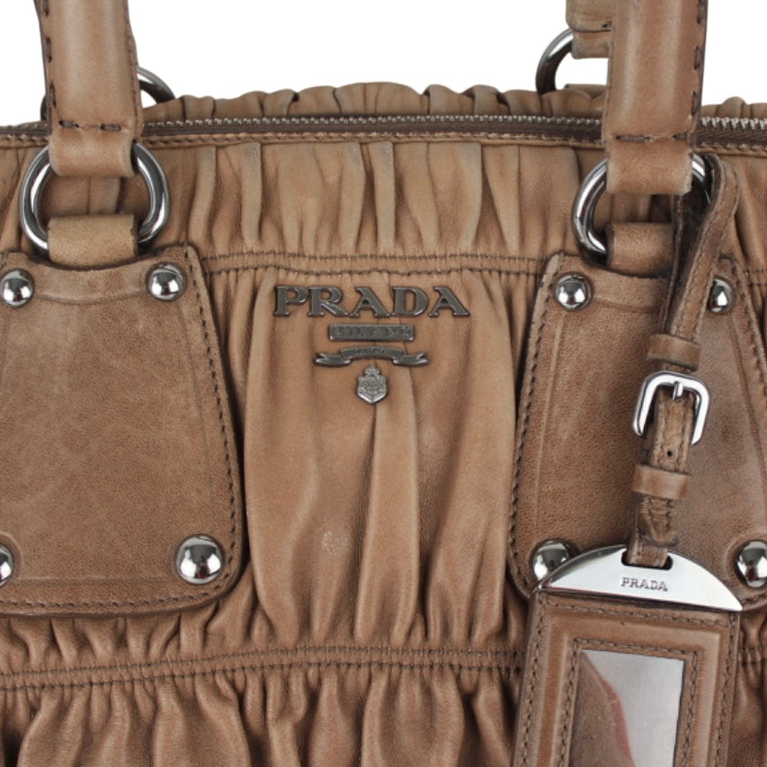 PRADA TWO TONE BROWN RUCHED HANDBAG