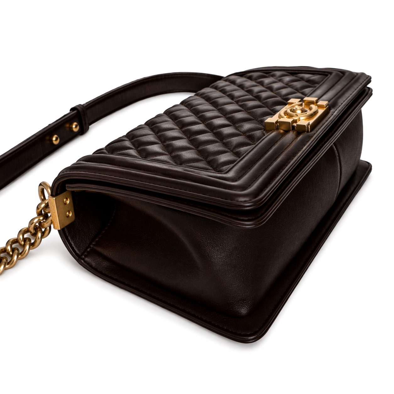 CHANEL CC DARK BROWN QUILTED CALFSKIN MEDIUM BOY BAG