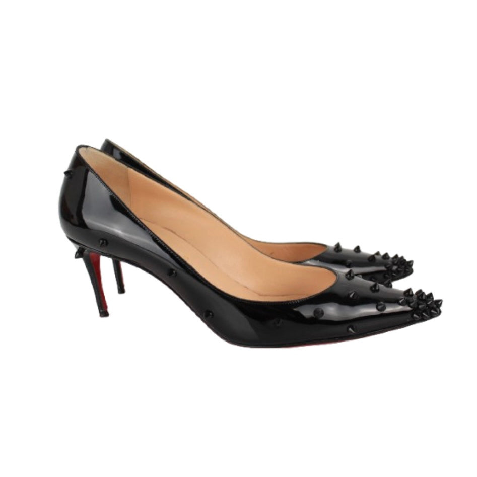 CHRISTIAN LOUBOUTIN BLACK PATENT LEATHER DIAMOND SPIKE PUMPS