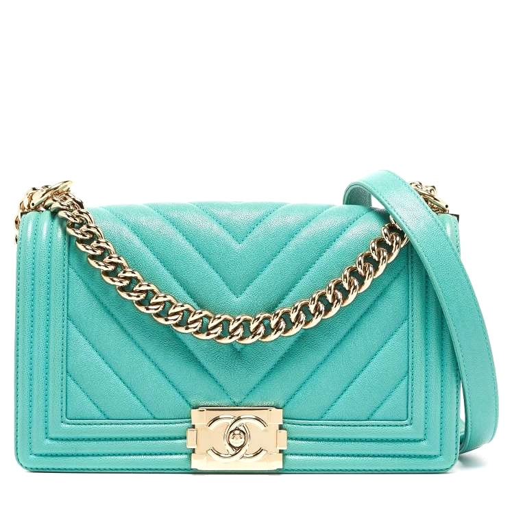 CHANEL AQUA GREEN CHEVRON CAVIAR SMALL BOY FLAP BAG