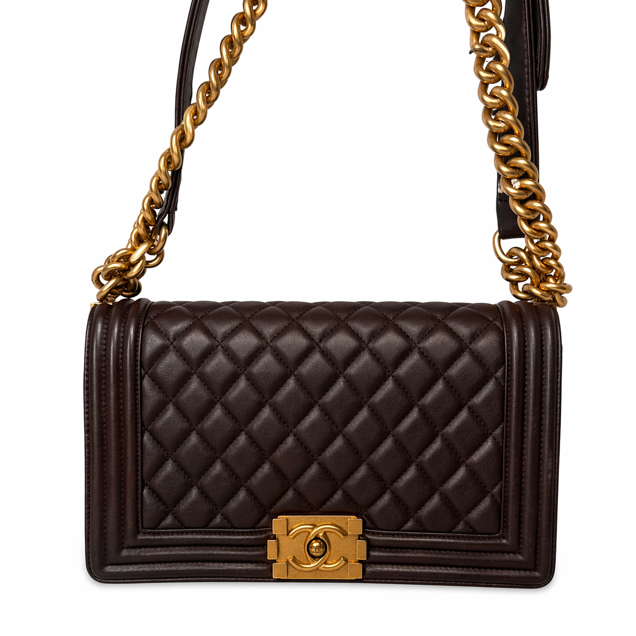 CHANEL CC DARK BROWN QUILTED CALFSKIN MEDIUM BOY BAG