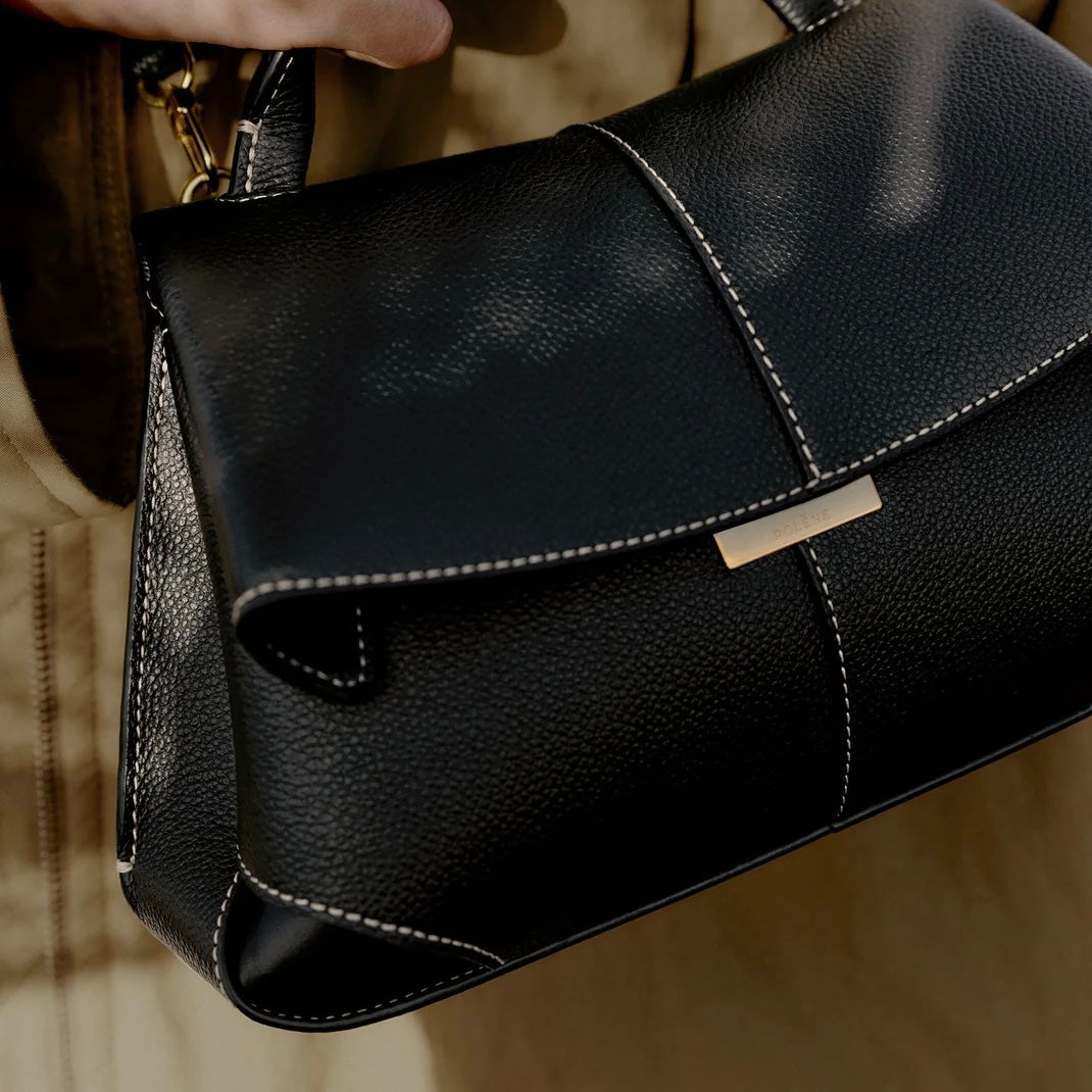 POLENE MOKKI MINI EDITION TEXTURED BLACK WITH ECRU STITCHING