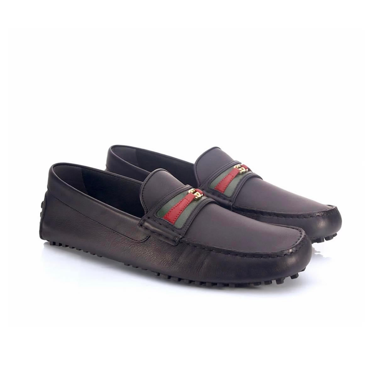 GUCCI AYRTON WEBBING-TRIMMED HORSEBIT LEATHER DRIVING SHOES