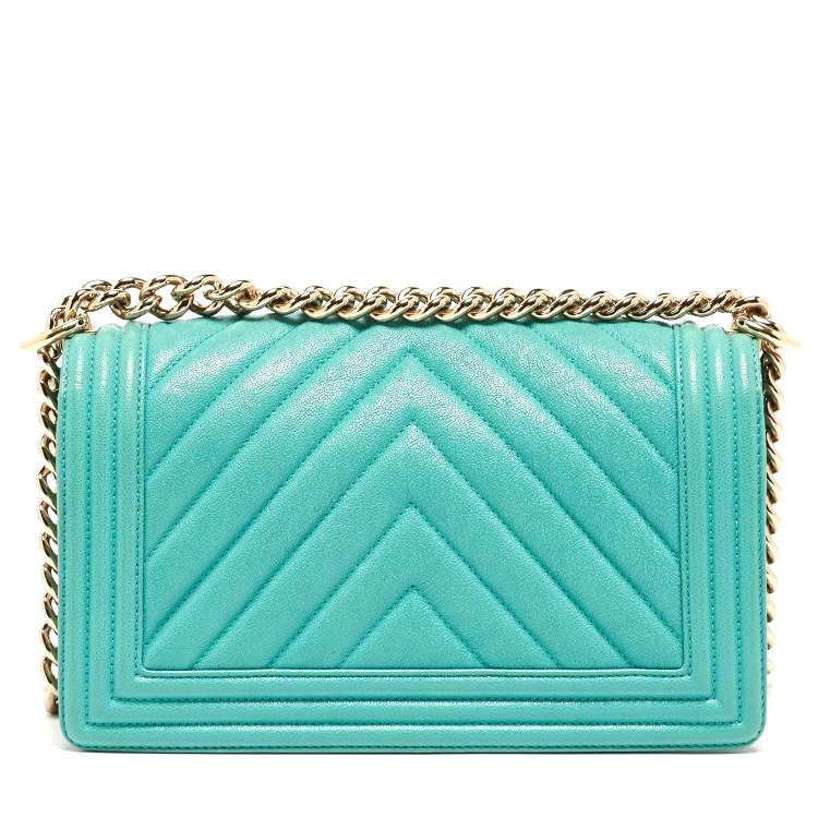 CHANEL AQUA GREEN CHEVRON CAVIAR SMALL BOY FLAP BAG