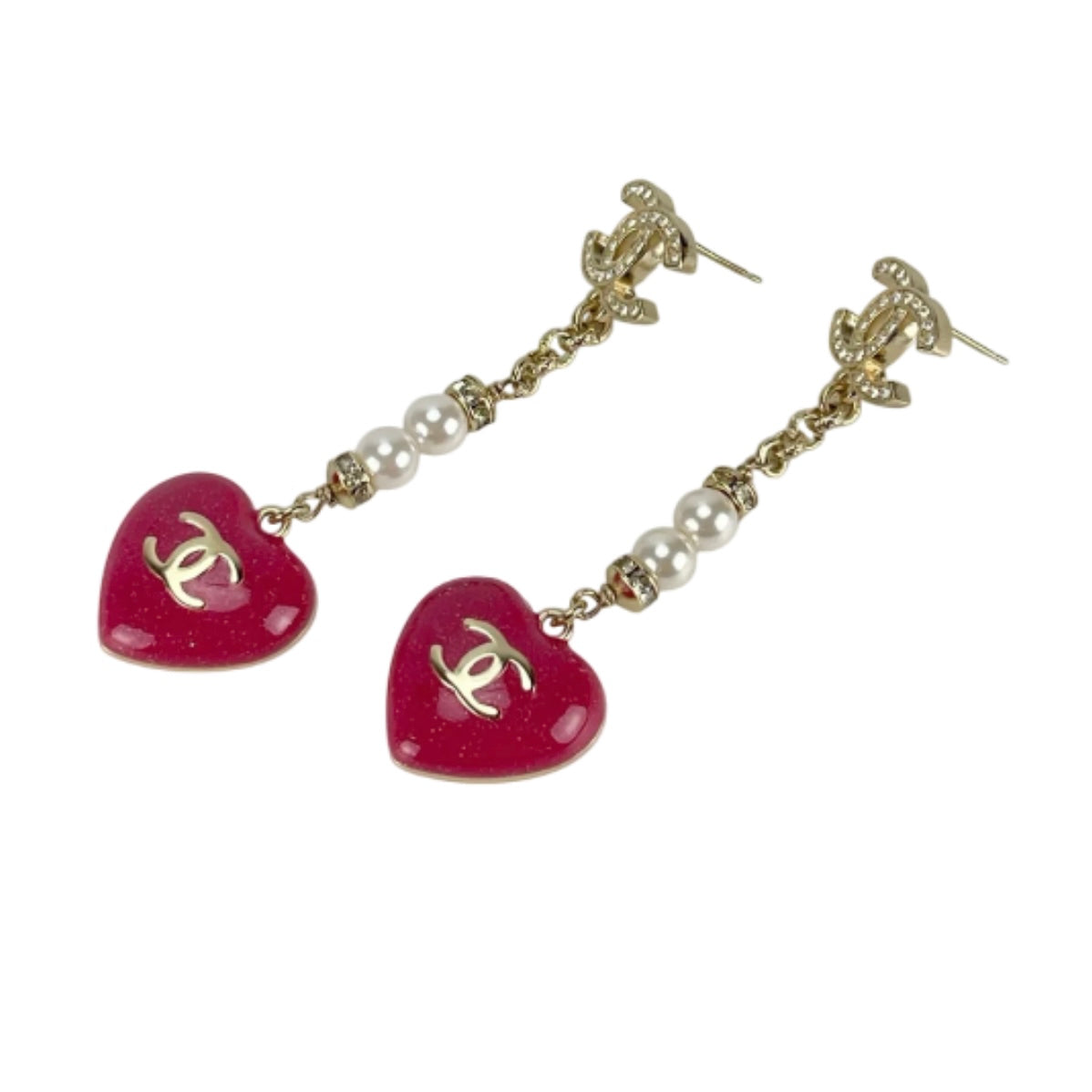 CHANEL RESIN CRYSTAL PEARL CHAIN HEART CC DROP EARRING