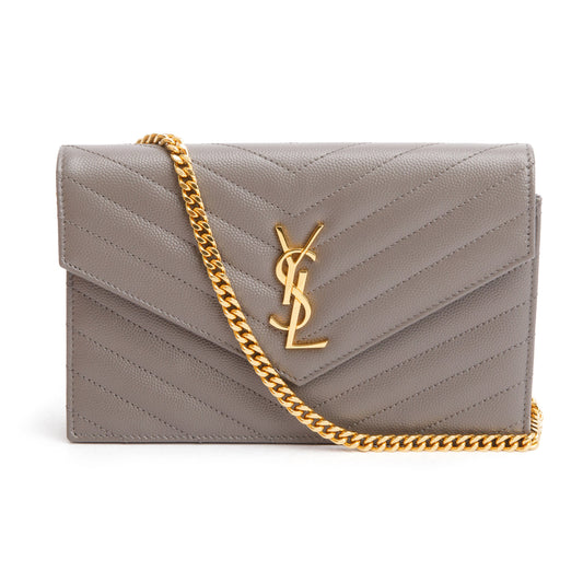 YSL YVES SAINT LAUREN GREY GRAIN DE POUDRE LEATHER CASSANDRE ENVELOPE WALLET ON CHAIN