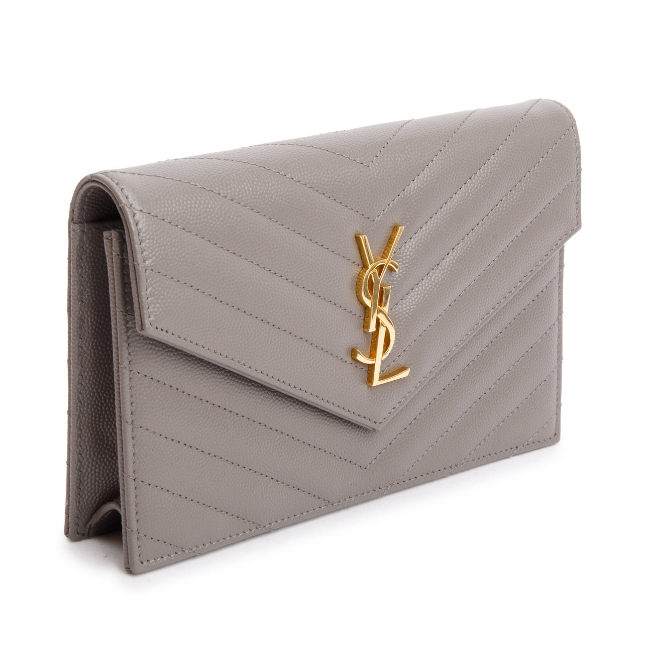 YSL YVES SAINT LAUREN GREY GRAIN DE POUDRE LEATHER CASSANDRE ENVELOPE WALLET ON CHAIN