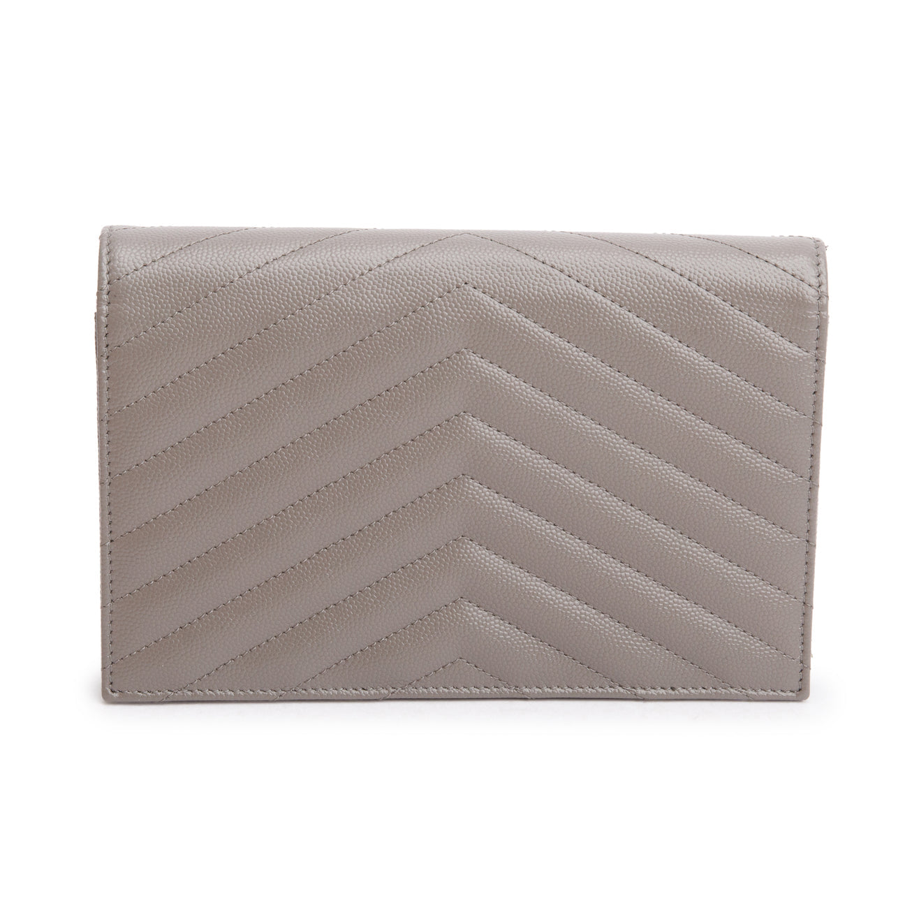 YSL YVES SAINT LAUREN GREY GRAIN DE POUDRE LEATHER CASSANDRE ENVELOPE WALLET ON CHAIN