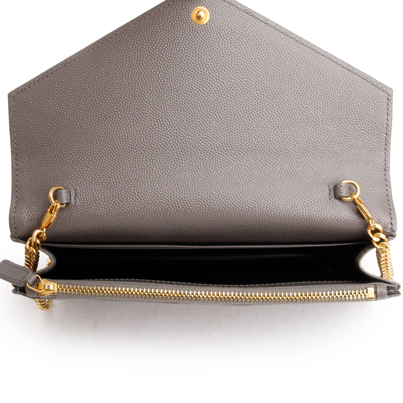 YSL YVES SAINT LAUREN GREY GRAIN DE POUDRE LEATHER CASSANDRE ENVELOPE WALLET ON CHAIN