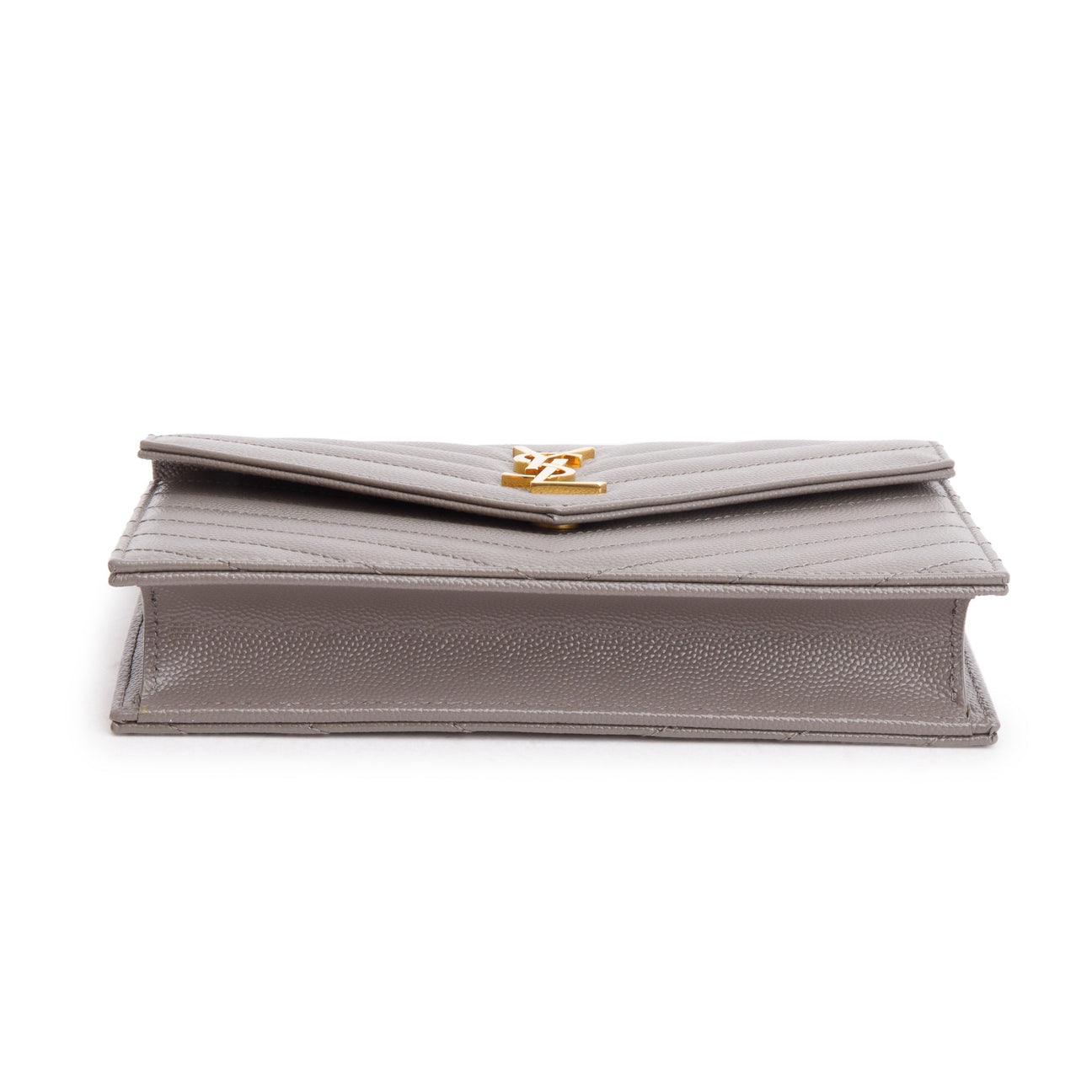 YSL YVES SAINT LAUREN GREY GRAIN DE POUDRE LEATHER CASSANDRE ENVELOPE WALLET ON CHAIN